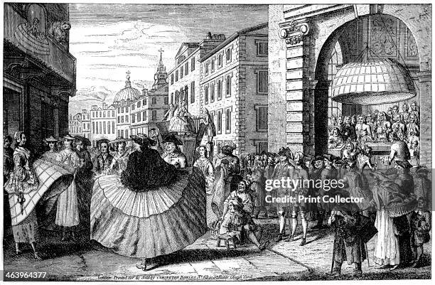 'The Review', 18th century. Two women saucily raise their voluminous skirts to the crowd in a satire on fashion. Illustration from Social Caricature...