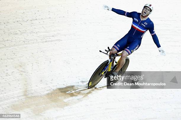 Francois 'Franck' Pervis of France celebrates winning the gold medal in the Mens 1km Time Trial race during day 3 of the UCI Track Cycling World...