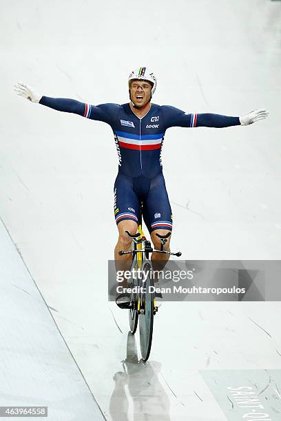 Francois 'Franck' Pervis of France celebrates winning the gold medal in the Mens 1km Time Trial race during day 3 of the UCI Track Cycling World...