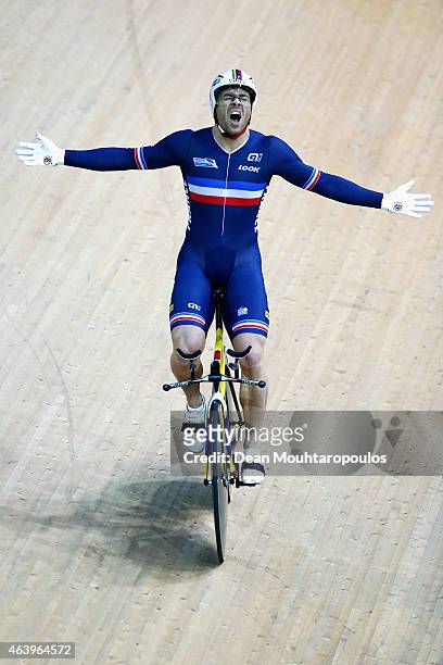 Francois 'Franck' Pervis of France celebrates winning the gold medal in the Mens 1km Time Trial race during day 3 of the UCI Track Cycling World...