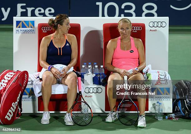 Alla Kudryavtseva of Russia and Anastasia Pavlyuchenkova of Russian takes a break during their women's doubles semi final match of the WTA Dubai Duty...