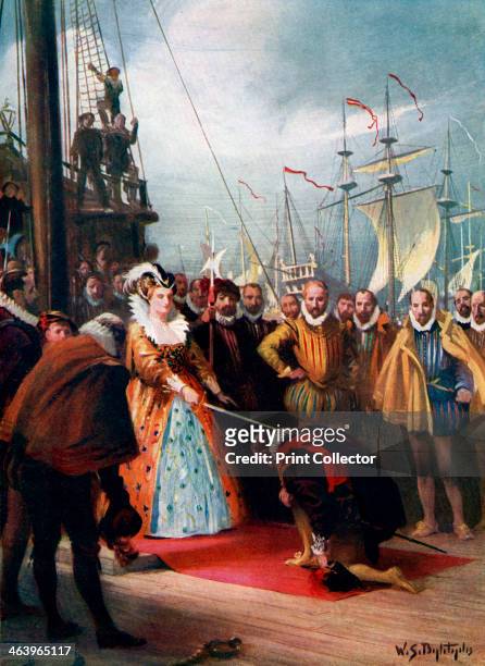 'Queen Elizabeth Knighting Sir Francis Drake' . Queen Elizabeth I knights Francis Drake on his ship Golden Hind after his round-the-world voyage....