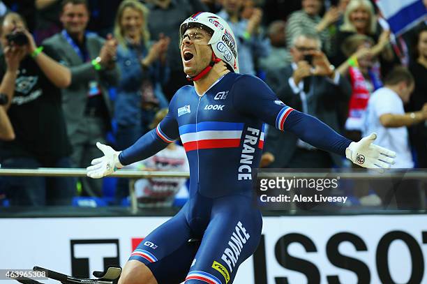 Francois Pervis of France celebrates as he wins gold in the Men's 1Km Time Trial Final during Day Three of the UCI Track Cycling World Championships...