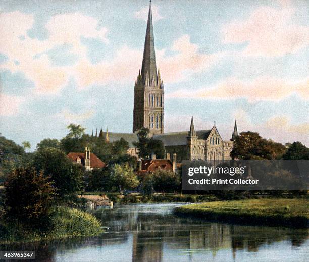 Salisbury Cathedral as seen from the River Avon, Salisbury, Wiltshire, early 20th century.