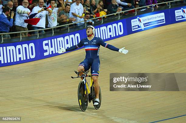 Francois Pervis of France celebrates as he wins gold in the Men's 1Km Time Trial Final during Day Three of the UCI Track Cycling World Championships...