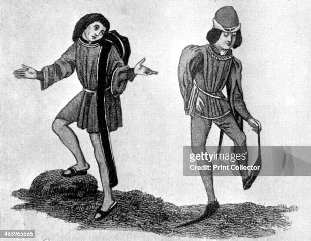 The berretino and poleyn, 15th century, . Examples of male costume, showing the method of carrying the berretino with its hanging becca. The poleyns...