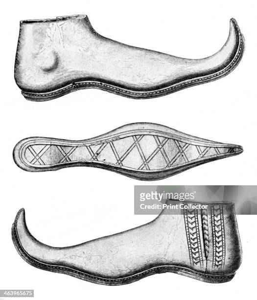 Poleyns, 15th century, . Poleyns, a type of pointed shoe, from the reign of Edward IV , showing construction. They are open down the sides, with the...