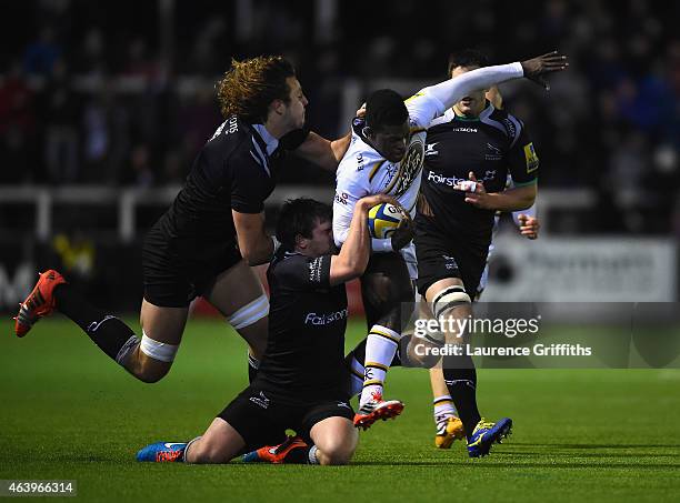 Christian Wade of Wasps is tackled by Adam Powell and Josh Furno of Newcasltew Falcons during the Aviva Premiership match between Newcastle Falcons...