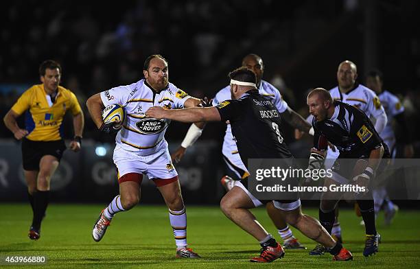 Andy Goode of Wasps holds off Kieran Brookes of Newcastle Falcons during the Aviva Premiership match between Newcastle Falcons and Wasps at Kingston...