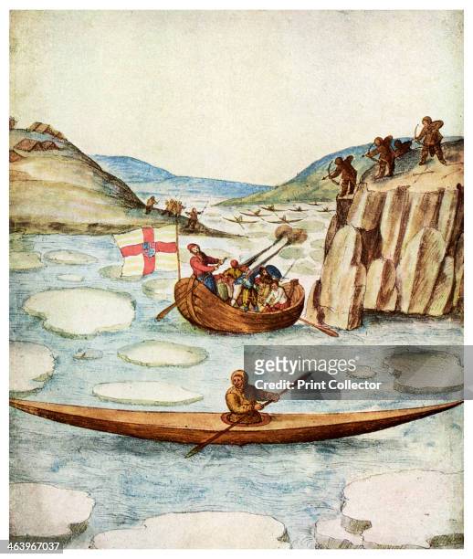 Eskimo kayak, 1590 . A boat crewed by Europeans, fighting off an attack by eskimos armed with bows and arrows. A print from Things, a volume about...