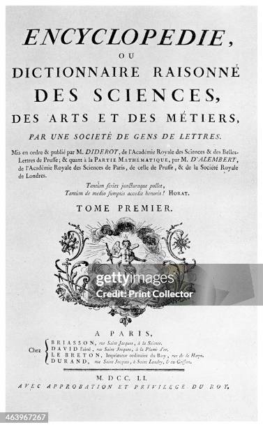 Title page of Denis Diderot's Encyclopedie, 1751 . Diderot was a prominent figure in the French Enlightenment. A print from Things, a volume about...