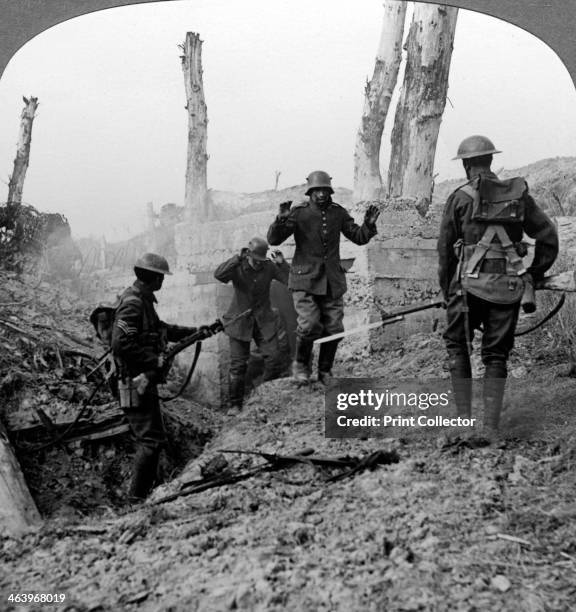 German soldiers surrendering, Bullecourt, France, World War I, 1914-1918. British and Australian troops captured Bullecourt from the Germans in May...