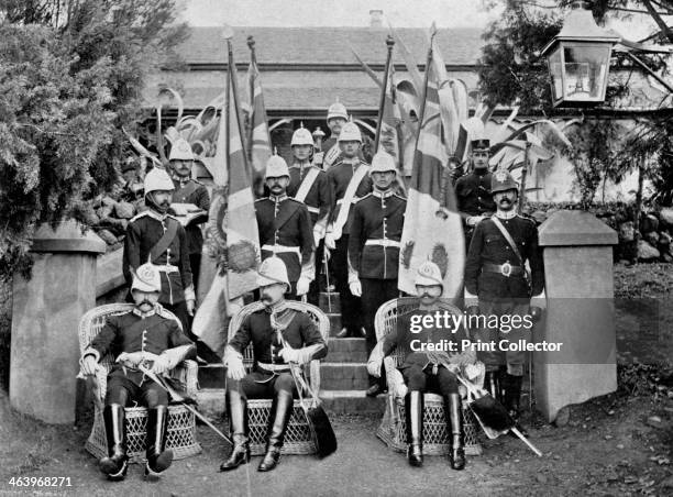 Officers and colours of the Duke of Wellington's Regiment, 1896. 2nd Battalion Duke of Wellington's Regiment at Pietermaritzburg, Natal, South...