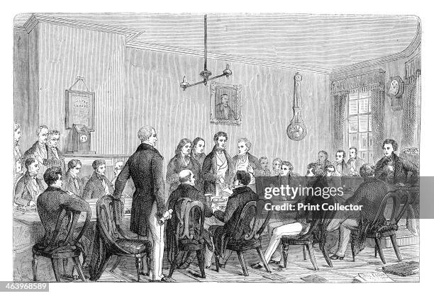 Meeting of the Anti-Corn Law League in Newall's Building, Manchester, 1838 . From Cassell's Illustrated History of England', volume VII .