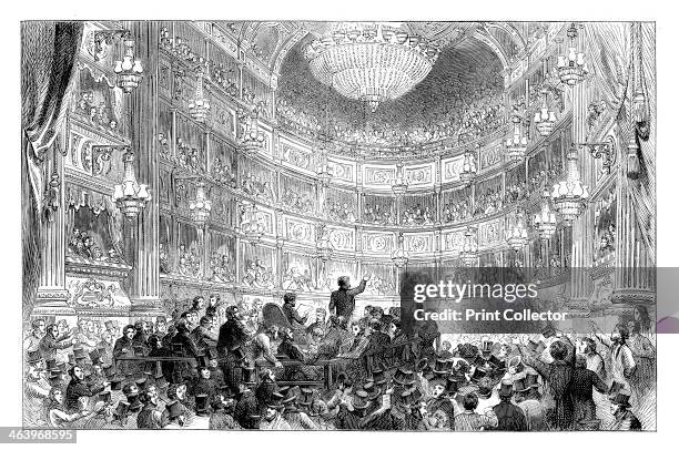 Meeting of the Anti-Corn Law League in Drury Lane Theatre, London, 1838 . From Cassell's Illustrated History of England', volume VII .