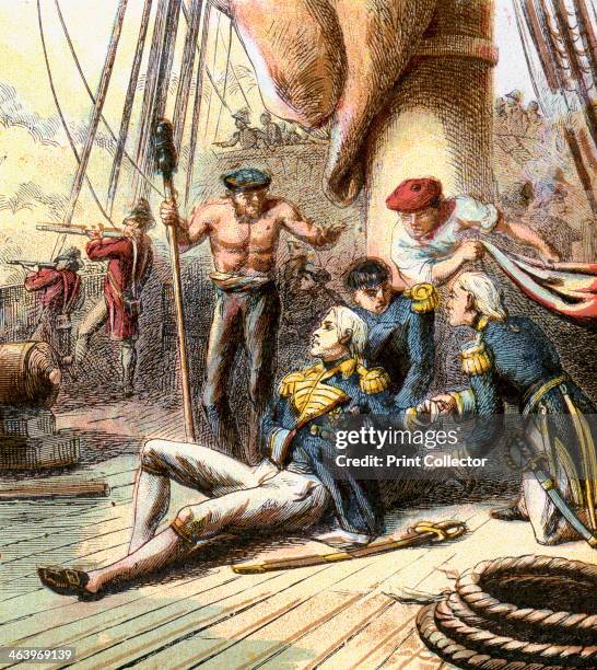 'The Battle of Trafalgar, 1805', . Scene on 'HMS Victory' during the Battle of Trafalgar, 21 October 1805, where the British navy decisively defeated...