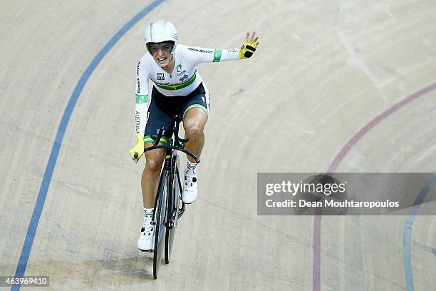 Rebecca Wiasak of Australia celebrates winning the gold medal after she competes in the Womens Individual Pursuit Final race during day 3 of the UCI...