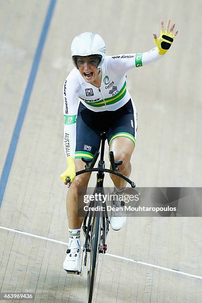 Rebecca Wiasak of Australia celebrates winning the gold medal after she competes in the Womens Individual Pursuit Final race during day 3 of the UCI...