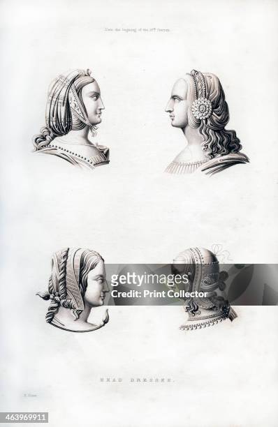 Headdresses, early 16th century, . The caul, under which the hair is gathered in the first two of these figures, was popular in the reign of Henry...