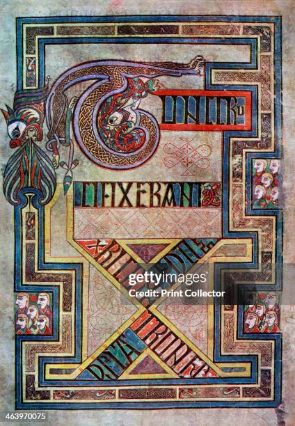 Decorated page, 800 AD, . TUNC CRU, CIFIXERANT, XPI CUM EO DU, OS LATRONES. A 20th-century copy of the illustrated manuscript, produced by Celtic...