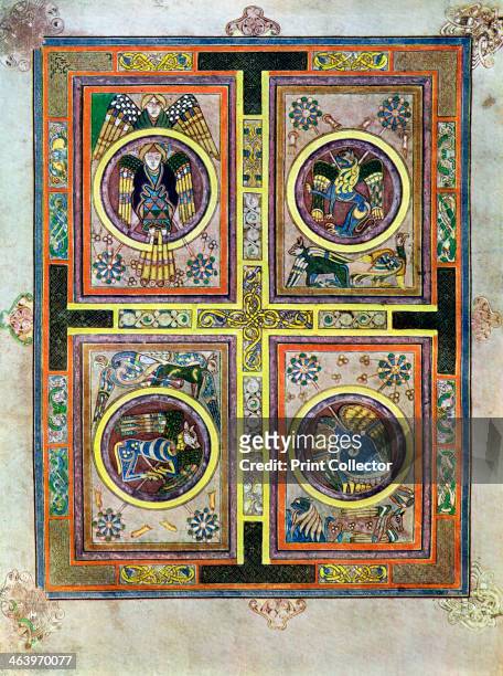 The Evangelical Symbols, 800 AD, . The winged man is St Matthew, the winged lion St Mark, the winged ox St Luke and the eagle represents St John. A...