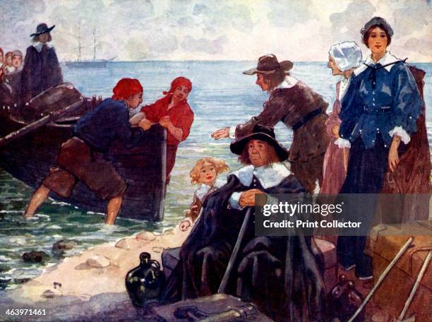 Band of exiles moor'd their bark on the wild New England shore' . The Puritans land on Plymouth Rock to found the first Quaker colony in America....