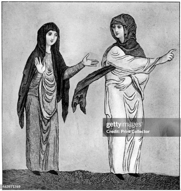 The Saxon head-rail, . From a medieval manuscript, showing women's headdress during the Saxon period. Illustration from British Costume during 19...