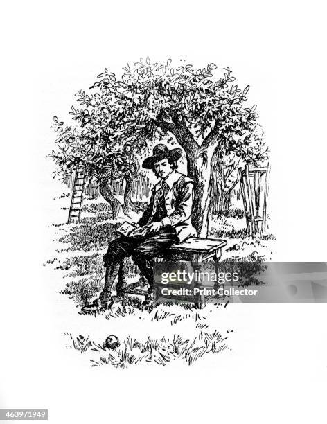 Sir Isaac Newton under the apple tree, . Newton under the apple tree where, according to popular legend, a falling apple prompted him to devise his...