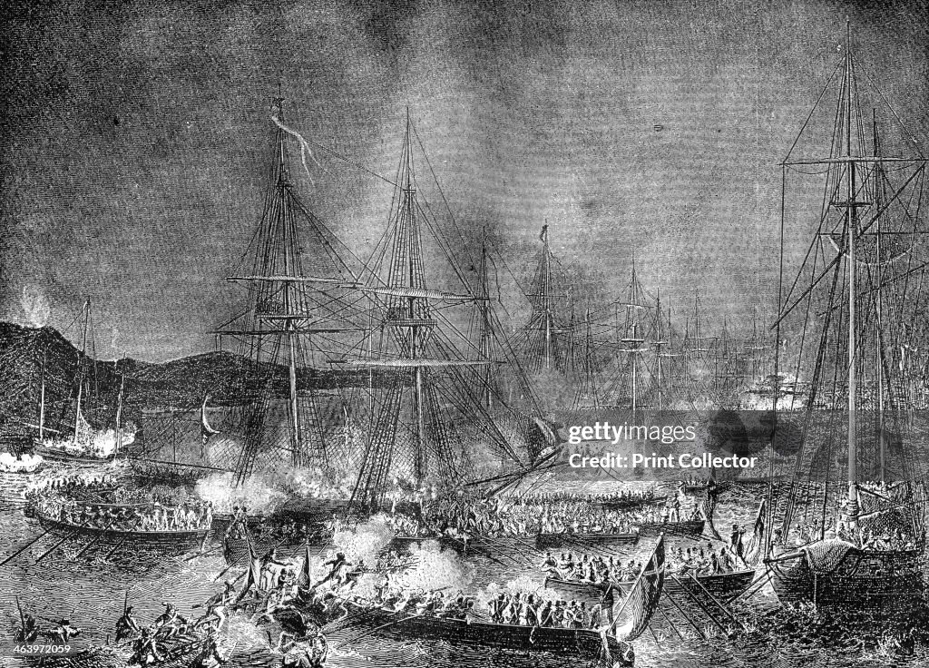 Attack on the French invasion flotilla at Boulogne, France, 15-16 August 1801 (1882-1884).