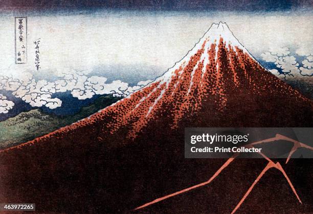 'Fuji above the Lightning', c1823. A hand-coloured woodblock print from the series '36 Views of Mt Fuji' , published by Nishimura Eijudo, .