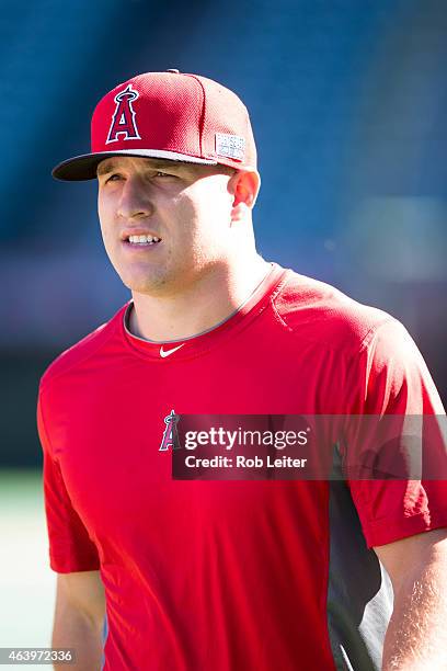 Mike Trout of the Los Angeles Angels looks on during batting practice before Game 1 of the ALDS against the Kansas City Royals at Angel Stadium on...