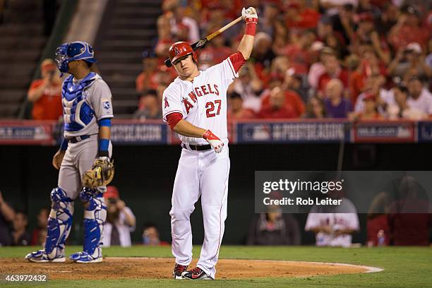 Mike Trout of the Los Angeles Angels bats during Game 1 of the ALDS against the Kansas City Royals at Angel Stadium on Thursday, October 2, 2014 in...