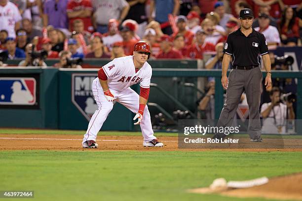 Mike Trout of the Los Angeles Angels leads off first base during Game 1 of the ALDS against the Kansas City Royals at Angel Stadium on Thursday,...