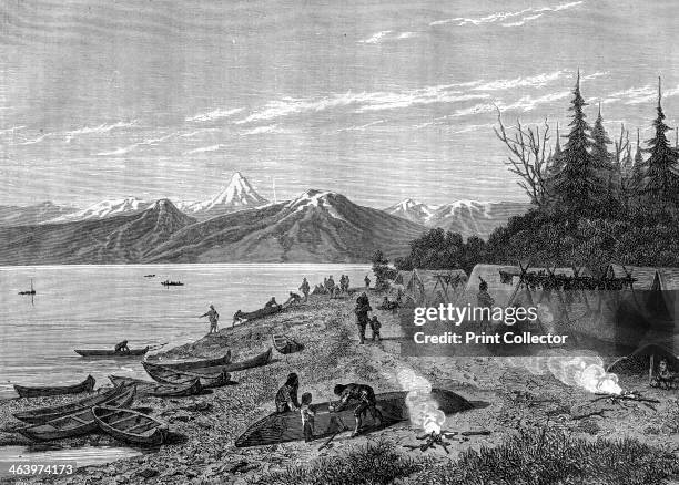Native American camp at the edge of the Yukon river, USA, 19th century.