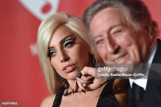 Recording artists Lady Gaga and Tony Bennett arrive at the 2015 MusiCares Person of The Year honoring Bob Dylan at Los Angeles Convention Center on...