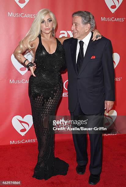 Recording artists Lady Gaga and Tony Bennett arrive at the 2015 MusiCares Person of The Year honoring Bob Dylan at Los Angeles Convention Center on...