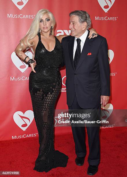 Recording artists Lady Gaga and Tony Bennett arrive at the 2015 MusiCares Person of The Year honoring Bob Dylan at Los Angeles Convention Center on...