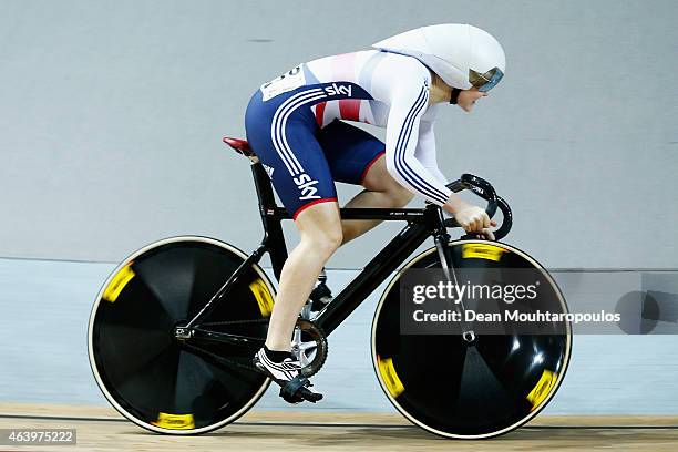 Jessica Varnish of the Great Britain Cycling Team competes in the Womens Sprint Qualifying race during day 3 of the UCI Track Cycling World...