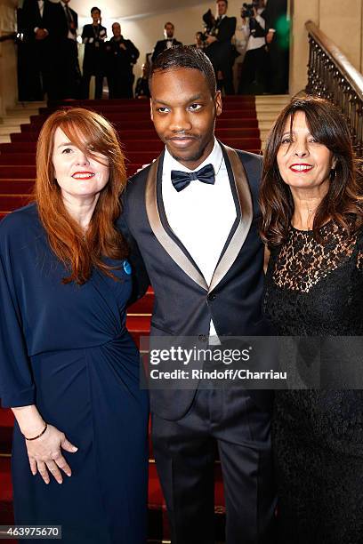 Ahmed Drame , Marie-Castille Mention-Schaar and a guest arrive at the 40th Cesar Film Awards 2015 Cocktail at Theatre du Chatelet on February 20,...