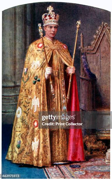 George VI in coronation robes: the Golden Imperial mantle, with St Edward's crown, 1937. A coloured plate from the Illustrated London News:...