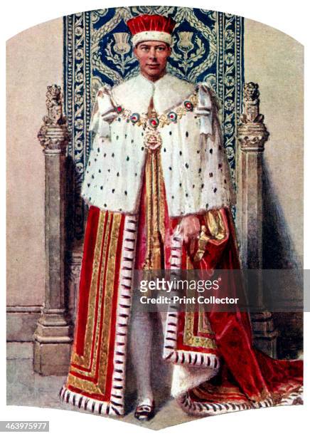 George VI in coronation robes: the Crimson Robe of State, with the Cap of Maintenance, 1937. A coloured plate from the Illustrated London News:...