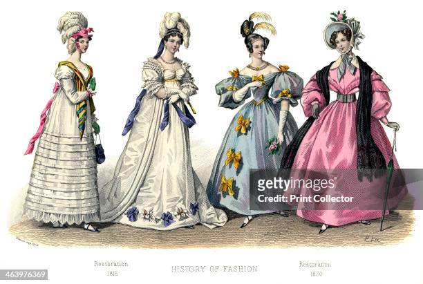 Restoration, . Illustration showing costume from the period of the restoration of the French monarchy, 1815-1830, from The History Of Fashion In...