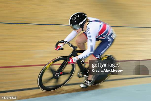 Jess Varnish of the Great Britain Cycling Team competes in the Women's Sprint 1/4 Final during Day Three of the UCI Track Cycling World Championships...