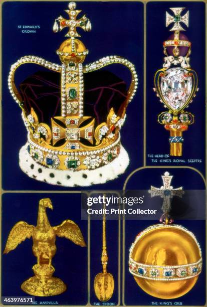 Crown Jewels of the United Kingdom, 1937. Clockwise from top left: the Crown of England used for thr act of coronation; the King's Royal Sceptre; the...