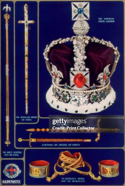 Crown Jewels of the United Kingdom, 1937. The Imperial State Crown; The Sword; The King's Sceptre with the Dove; The Ring; St George's Spurs; and the...