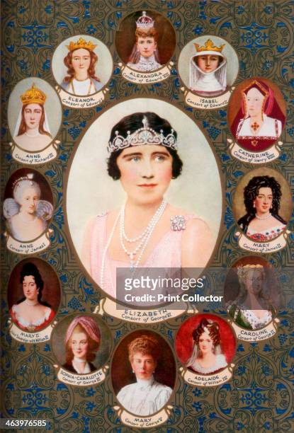 Queen consorts crowned in Westminster Abbey, 1937. The central portrait is Elizabeth, Queen Consort of George VI. The others, clockwise from top are:...