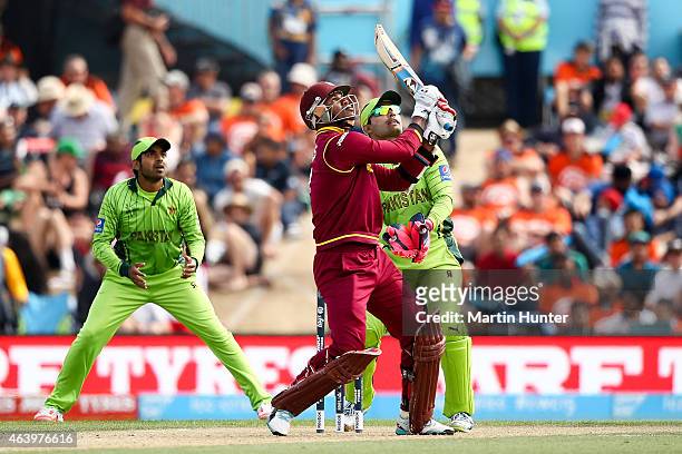 Marlon Samuels of West Indies bats during the 2015 ICC Cricket World Cup match between Pakistan and the West Indies at Hagley Oval on February 21,...