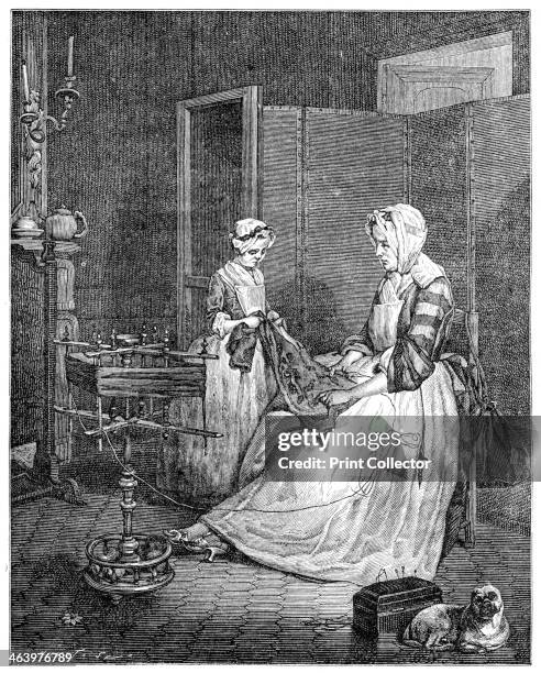 'The Diligent Mother' . Engraving based on an original painting by Jean Simeon Chardin. A mother examines the sub-standard piece of cloth produced by...