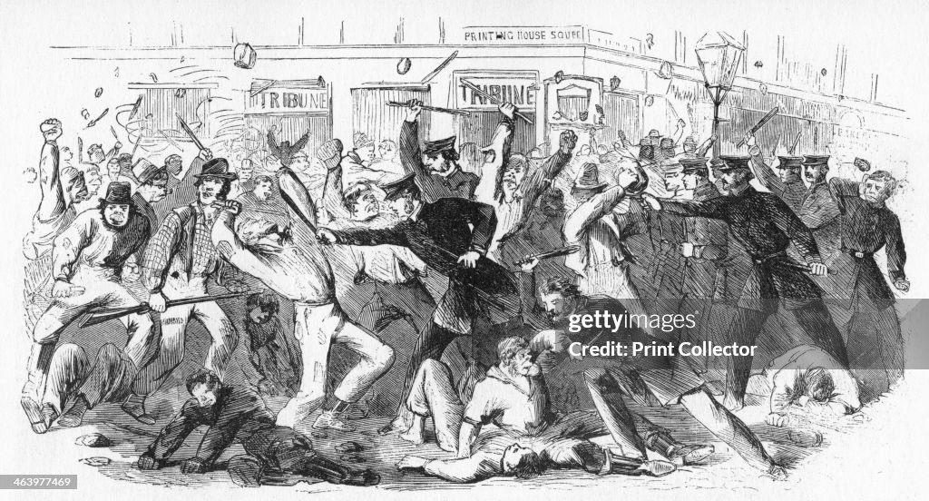 'Police Charge Rioters At The Tribune Office', c1860s.