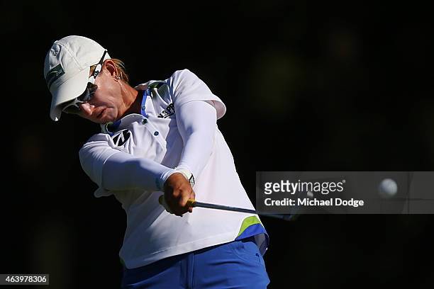 Karrie Webb of Australia hits an approach shot on the 12th hole during day three of the LPGA Australian Open at Royal Melbourne Golf Course on...
